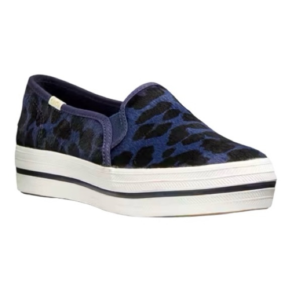 Keds x Kate Spade NY Triple Decker Leopard Print Calf Hair Slip On Shoes Blue - Picture 1 of 14